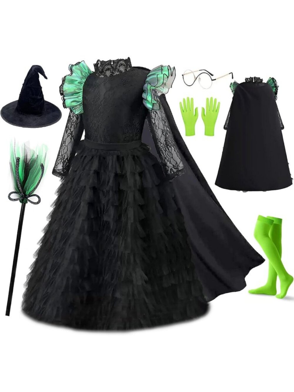 7-Piece Black Witch Costume Set for Girls - Halloween Dress, Hat, Cape